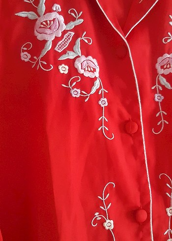 Nakışlı Vintage Kırmızı Kadın Pijama takımı - Görsel 2