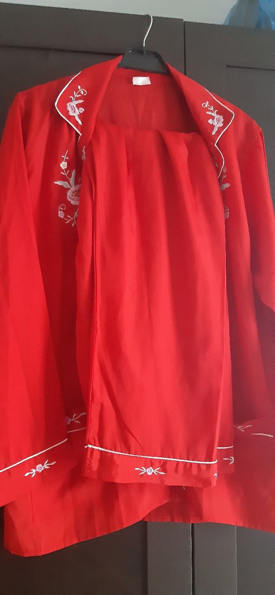 Nakışlı Vintage Kırmızı Kadın Pijama takımı - Görsel 3