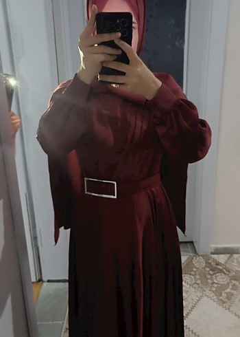 36 Beden bordo Renk Bordo Kemerli Uzun Saten Abiye Elbise,esarp