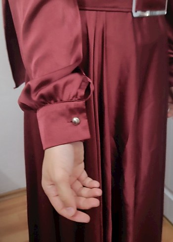 36 Beden Bordo Kemerli Uzun Saten Abiye Elbise,esarp