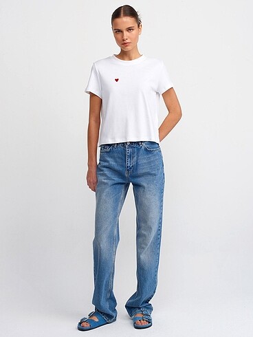 m Beden Bisiklet Yaka Pamuklu T-Shirt - Beyaz