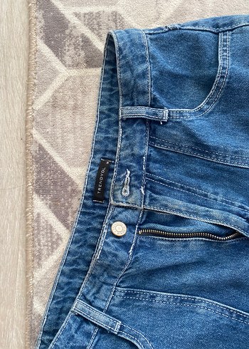 38 Beden Kadın Mavi Bel Detaylı Bol Kesim Denim Pantolon