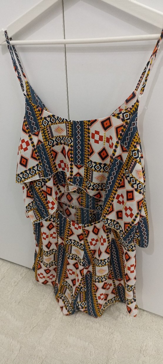 Bohem Çok Renkli Desenli Askılı mini tulum - Görsel 4