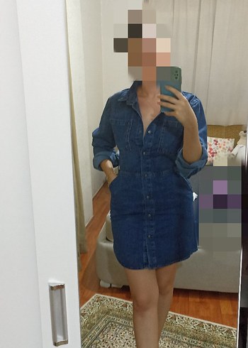 Düğmeli Mavi Kadın Denim Elbise - Görsel 5