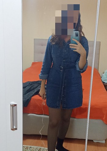 Düğmeli Mavi Kadın Denim Elbise - Görsel 6