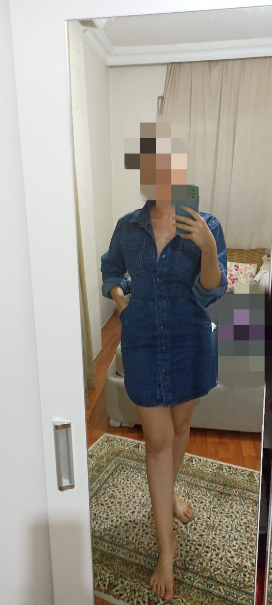 Düğmeli Mavi Kadın Denim Elbise - Görsel 5