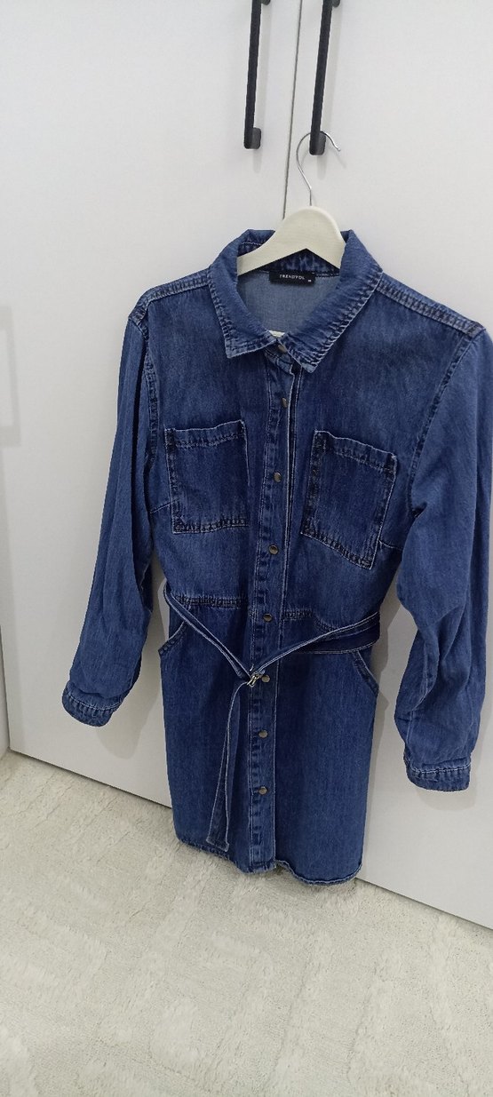 Düğmeli Mavi Kadın Denim Elbise - Görsel 2
