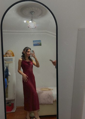 Bordo Midi V Yaka Transparan Elbise