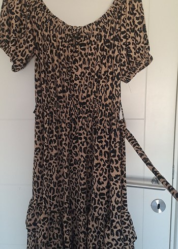 xl Beden kahverengi Renk Kahverengi Leopar Desenli Midi Bohem Elbise