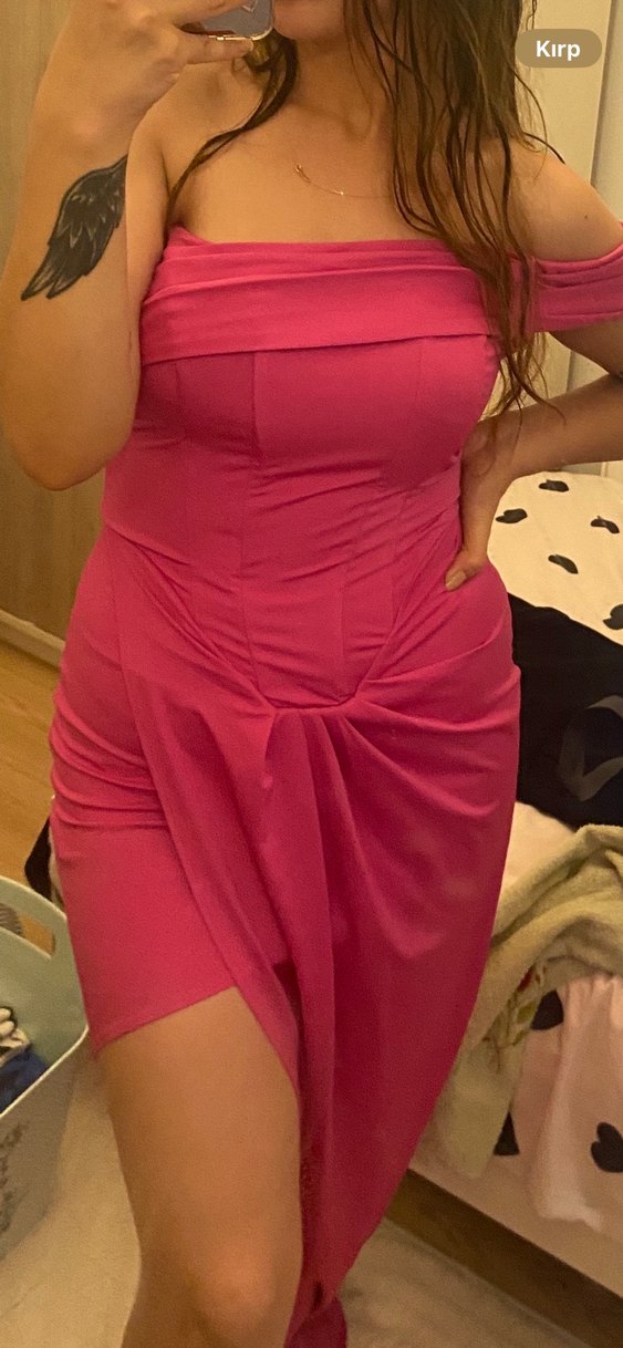 Pembe Straplez Drapeli Uzun Kadın Elbise - Görsel 3