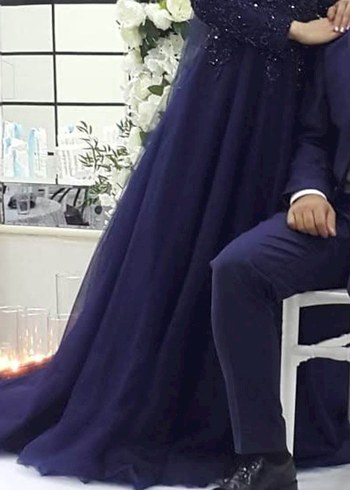Abiye Özel dikim İşlemeli Lacivert Uzun Kollu Tesettür Abiye