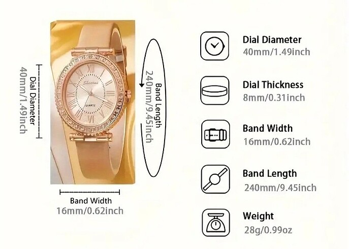  Beden ten rengi Renk 5li saat ve bileklik seti rose gold