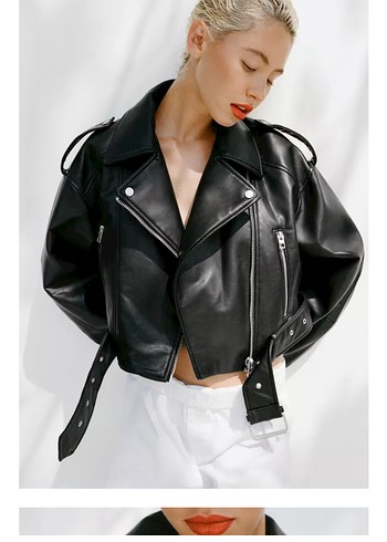 Zara Zara Kemer Detaylı Siyah Deri Kadın Biker Ceket