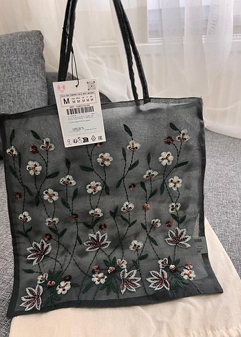 Beden gri Renk Zara Nakışlı Boncuklu Bohem Gri Kadın Çanta