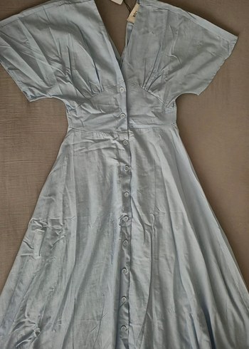 Mavi V Yakalı, Düğmeli Uzun Elbise - Görsel 2