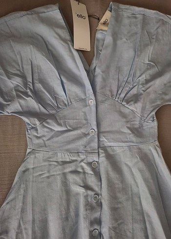 Mavi V Yakalı, Düğmeli Uzun Elbise - Görsel 3