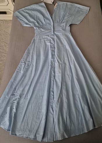 Mavi V Yakalı, Düğmeli Uzun Elbise - Görsel 8