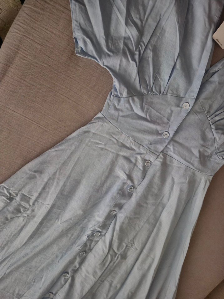 Mavi V Yakalı, Düğmeli Uzun Elbise - Görsel 4