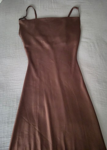 Kahverengi Saten Uzun Elbise - Görsel 6