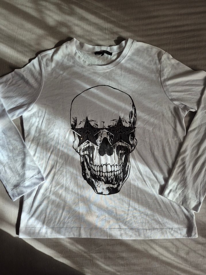 Vintage Kuru Kafa Baskılı Beyaz Uzun Kollu Tişört - Görsel 2