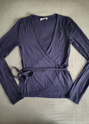 V Yaka Lacivert Bağlama Detaylı Bluz - Görsel 7