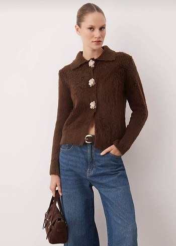 Kahverengi Düğmeli Kadın Hırka - Görsel 4