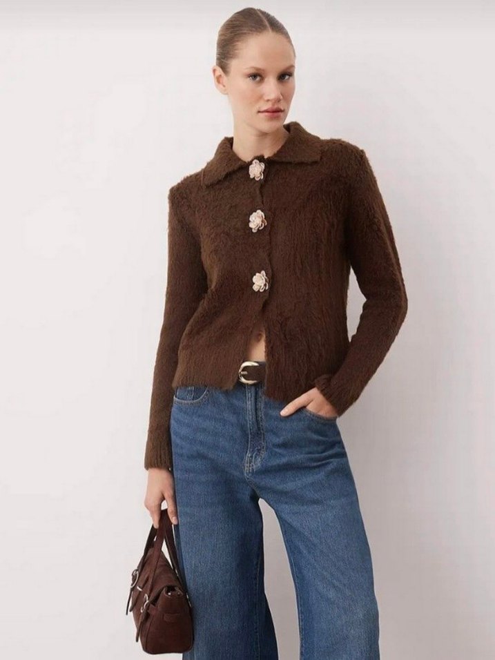 Kahverengi Düğmeli Kadın Hırka - Görsel 4