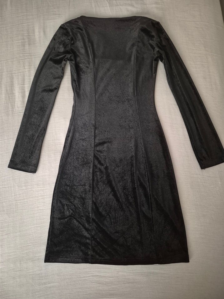 Siyah Uzun Kollu Kadife Elbise - Görsel 3