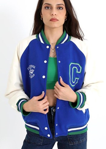 Kolları Deri Reglan Kollu Kolej Mont Ceket - SaksMavisi - Görsel 10