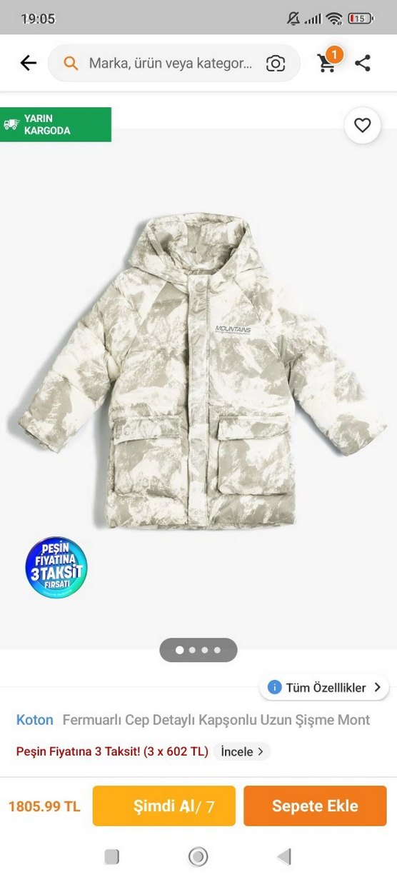 Koton Erkek Çocuk Kapüşonlu Tüy Detaylı Batik Mont - Görsel 2