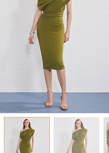 Trendolmilla Drapeli Straplez Haki Midi Kalem Elbise - Görsel 3