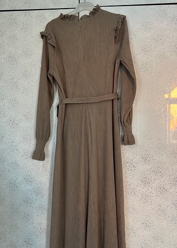 Bej Kemerli Uzun Keten Elbise - Görsel 3