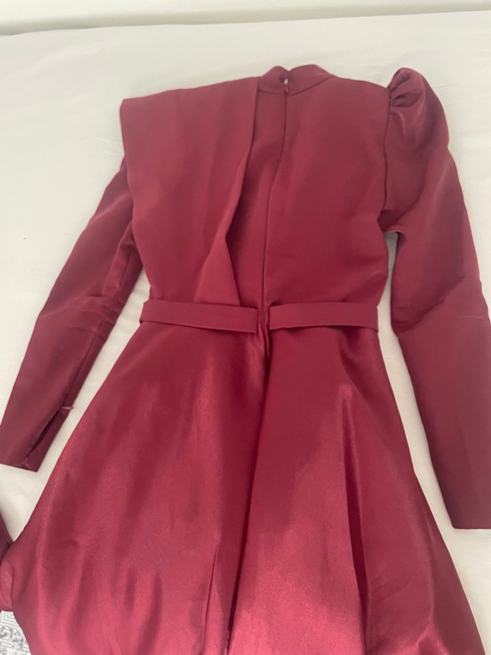 Bordo Uzun Kollu Salaş Kadın Elbise şalıyla birlikte - Görsel 3