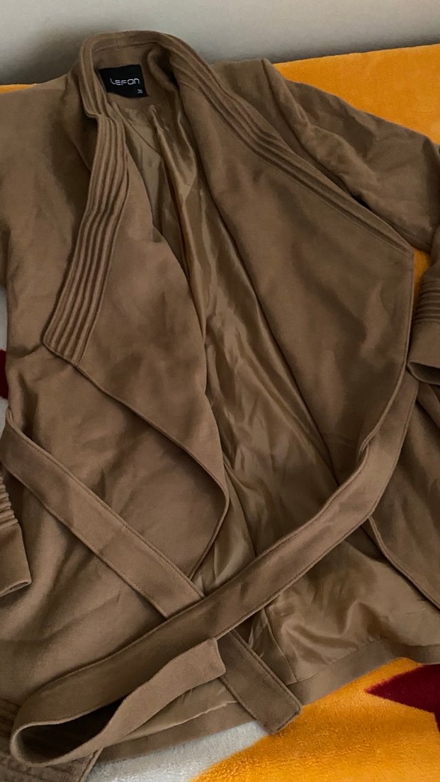 Kahverengi Süet Kemerli Uzun Ceket - Görsel 3