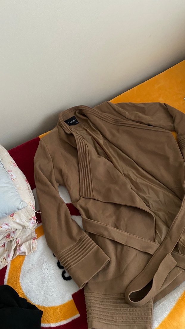 Kahverengi Süet Kemerli Uzun Ceket - Görsel 5