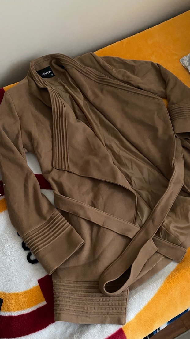 Kahverengi Süet Kemerli Uzun Ceket - Görsel 2