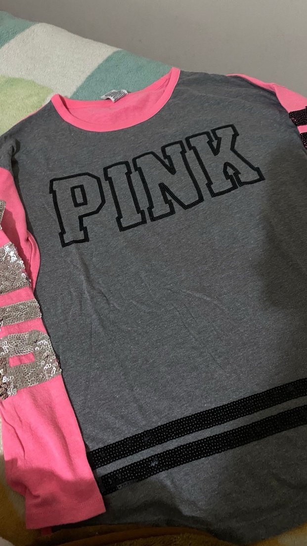 Victoria Secret Pink Pembe Gri Baskılı Uzun Kollu Bluz - Görsel 4