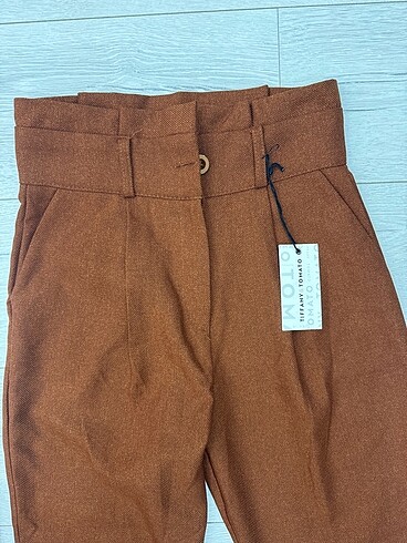 Kiremit rengi kumaş yüksek bel pantolon - Görsel 2