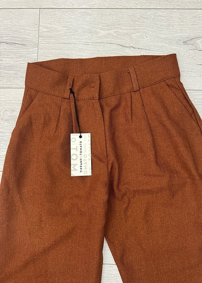 Kiremit renk yüksek bel kumaş pantolon - Görsel 3