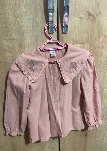 Nakışlı Yakalı Pembe Kız Çocuk Keten Gömlek