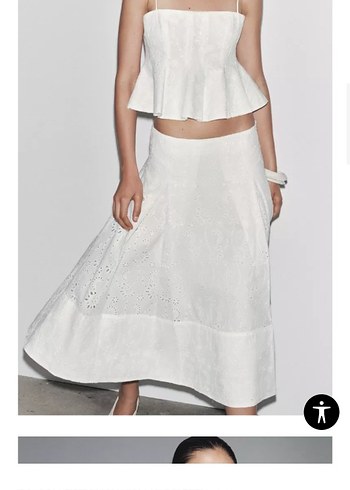 Zara Zara Beyaz Nakışlı Midi Keten Etek