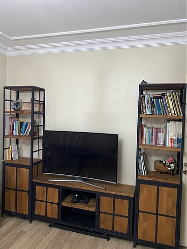 Doğal ahşap kitaplık , tv ünitesi