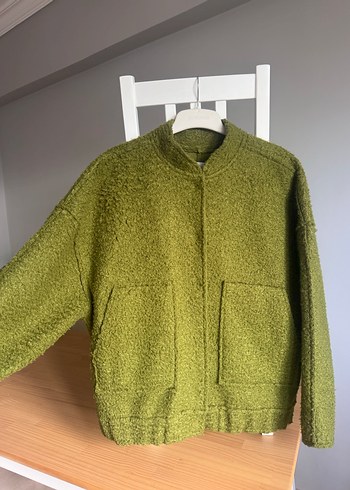 Örgü Yün Dokulu Haki Yeşil Oversize Kadın Ceket - Görsel 2