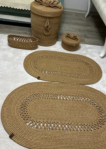 Bohem Tarz Jüt Hasır Halı ve Sepet Seti banyo halısı 2parca