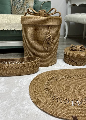 Beden Bohem Tarz Jüt Hasır Halı ve Sepet Seti banyo halısı 2parca