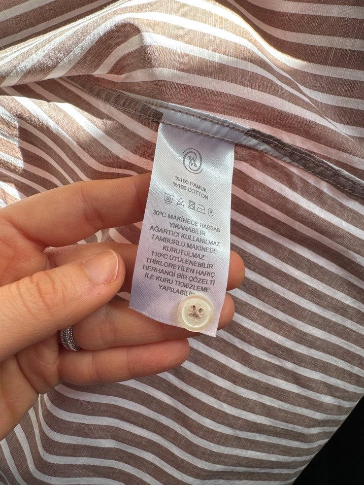 Düğmeli Çizgili Kahverengi Kadın Gömlek - Görsel 3