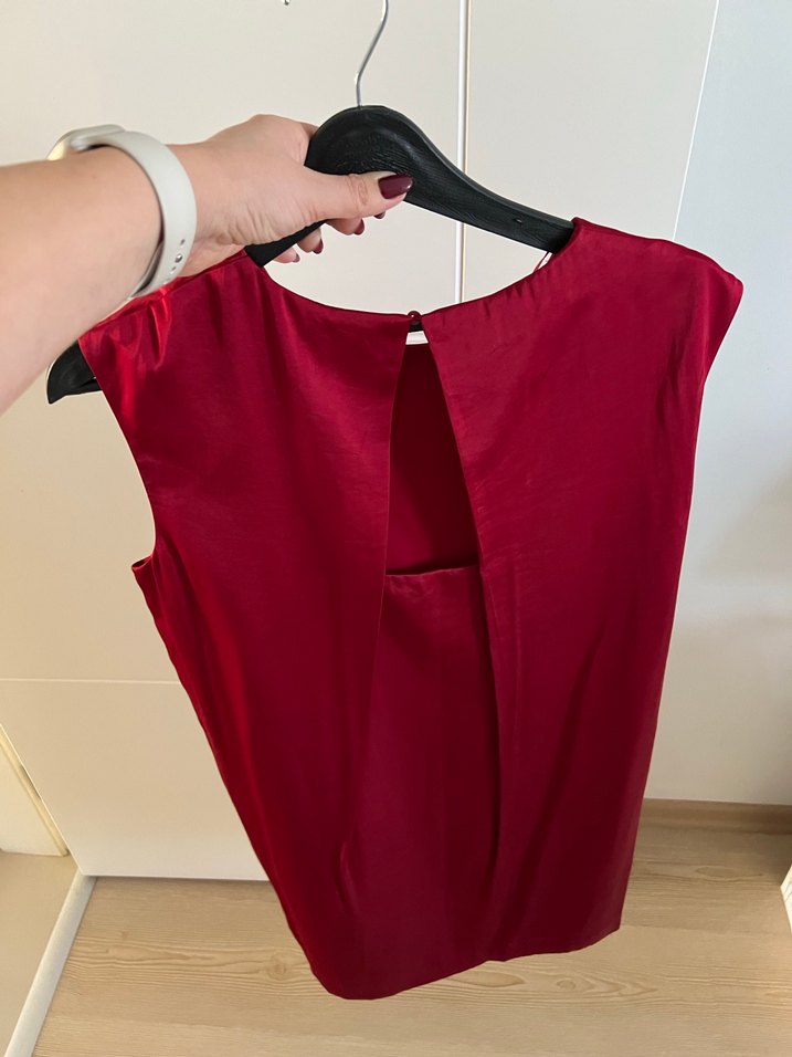 Bordo Saten Drapeli Kolsuz elbise - Görsel 5