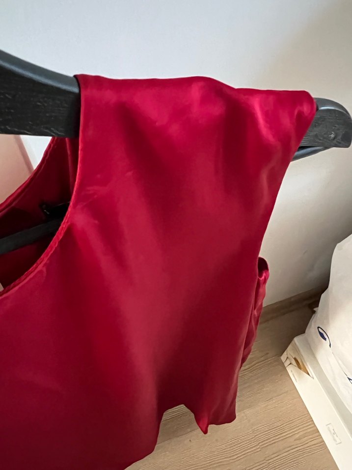 Bordo Saten Drapeli Kolsuz elbise - Görsel 4