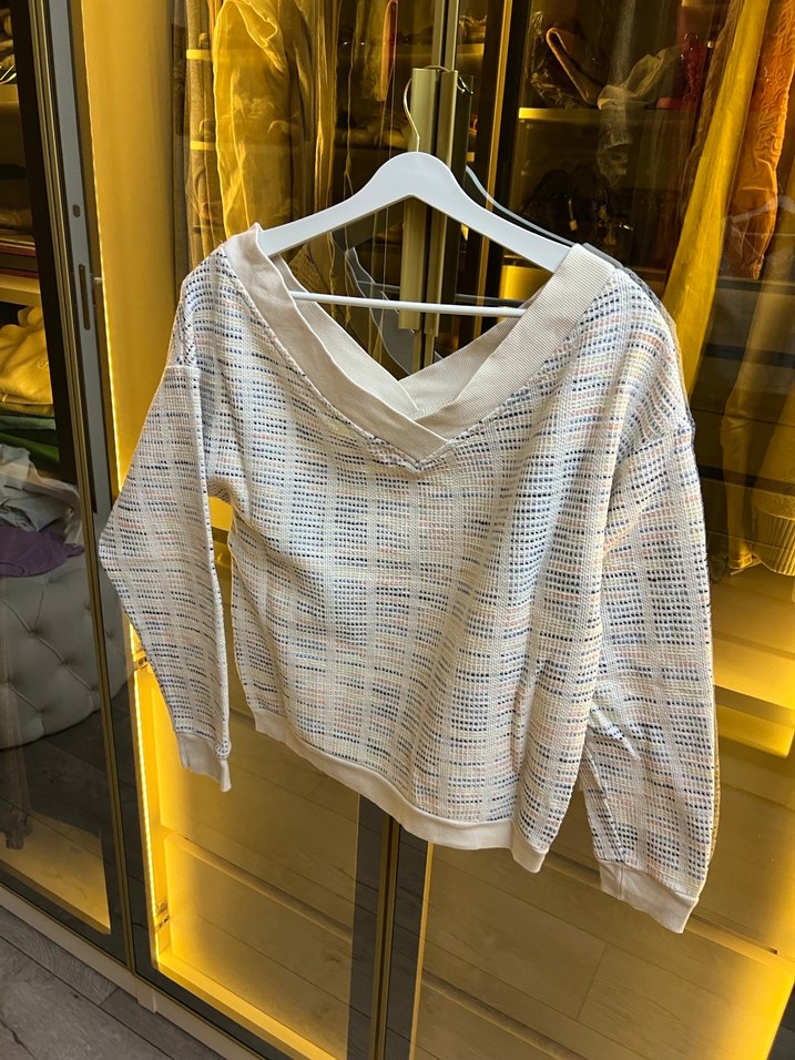 V Yaka Bej Örgü Salaş Kadın Sweatshirt - Görsel 4