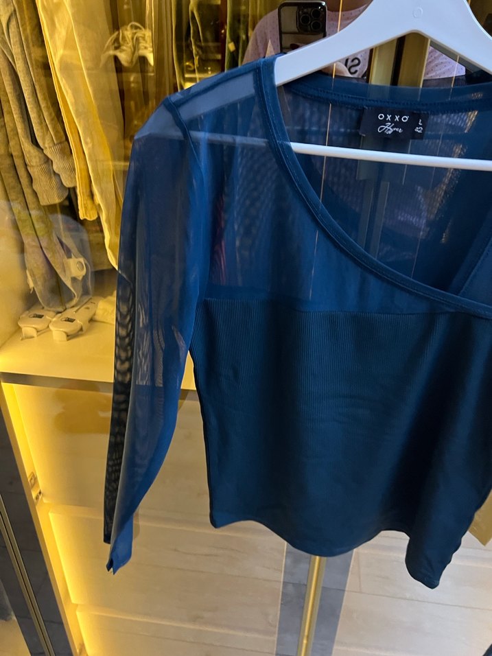 Drapeli V Yaka Uzun Kollu Mavi Bluz - Görsel 3